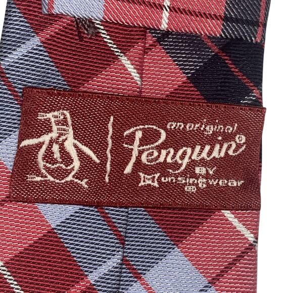 Original Penguin Plaid Mens Tie Cotton Blend Red Blue Black 57.5”x2.25” - Picture 4 of 5
